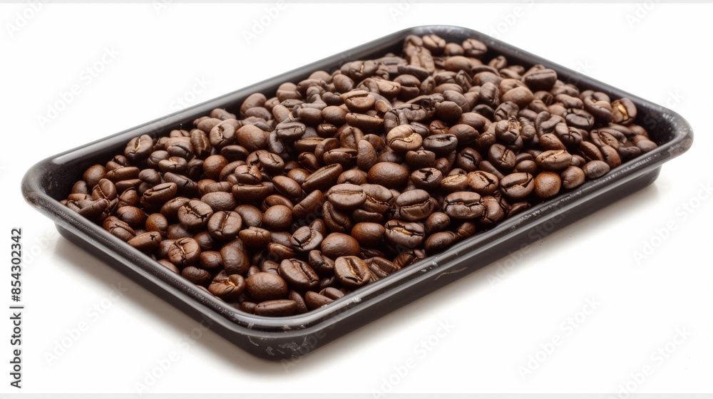 Roasted coffee beans cooling in a tray, deep brown hues, industrial setting, isolated white background, craft coffee Roasted coffee beans cooling in a tray, deep brown hues, industrial setting, isolated white background, craft coffee