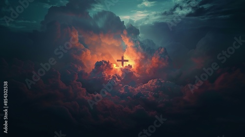 Cross amidst beautiful clouds, symbolizing faith and serenity. Perfect for themes of spirituality and divine inspiration. photo