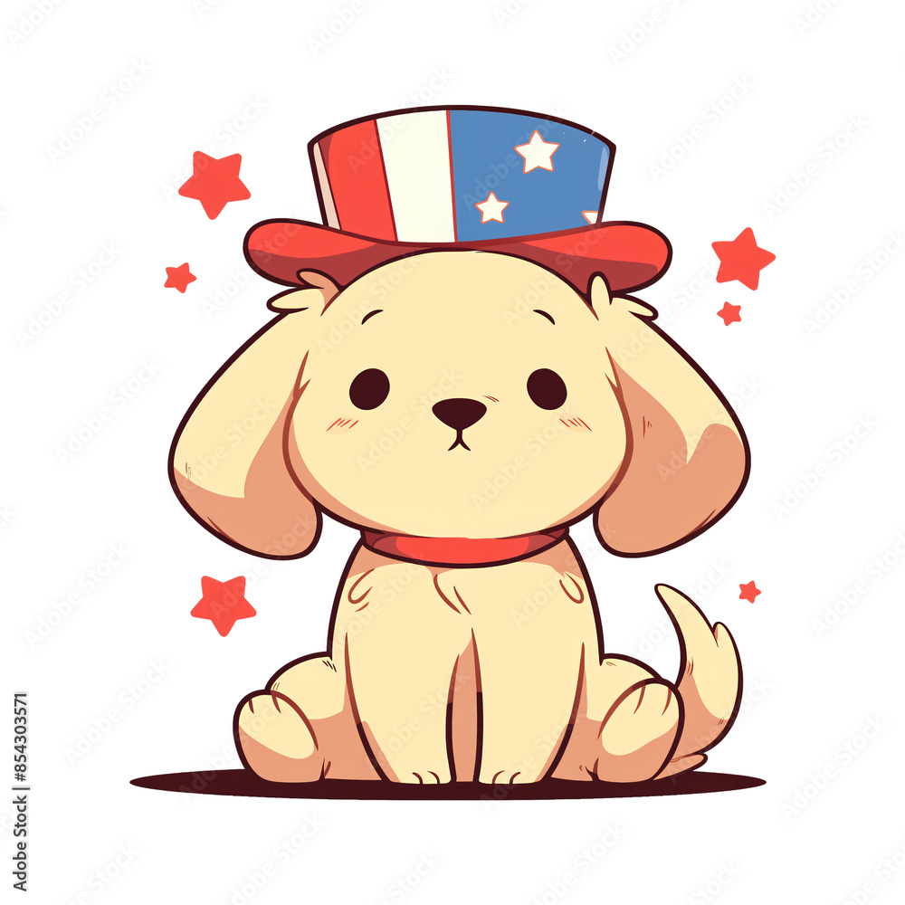 Fototapeta premium Cute funny dog wearing Uncle Sam's American hat isolated on transparent background. Independence Day in USA, 4th of July. Illustration for for greeting card, invitation, banner, print, sticker