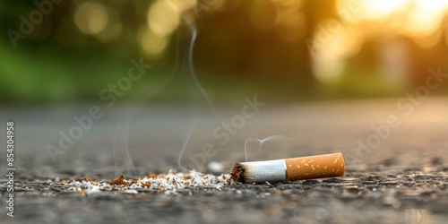 Close-up of a cigarette butt littered on the ground, with detailed textures and blurred natural background photo