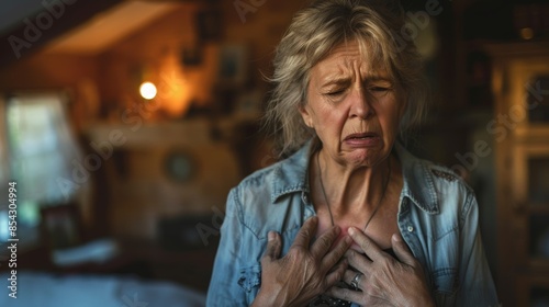 woman clutching her chest, pain and concern visible on her face photo