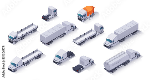 Isometric trucks set. Distribution vehicles icons, shipping and global logistics transport. Delivery trucks and commercial cars with trailer. 3D vector collection isolated on white background