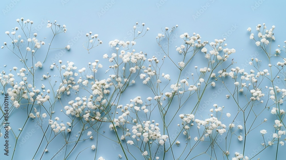 Blue background with a variety of gypsophila flowers and leaves in floral arrangement