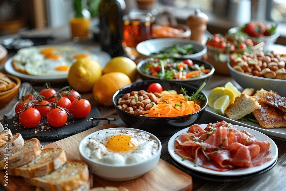 A wide selection of various delicious breakfast options laid out on a wooden table A wide selection of various delicious breakfast options laid out on a wooden table