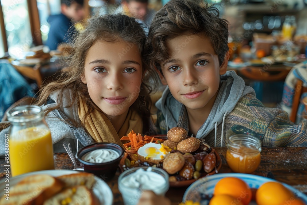 A joyful duo of siblings sharing a smile over a table laden with a nutritious breakfast spread