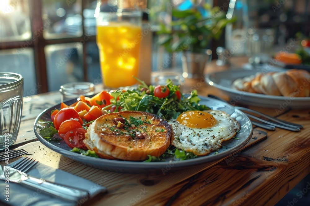 A well-presented breakfast plate with sunny-side up eggs, salad, and toast on a sunny table A well-presented breakfast plate with sunny-side up eggs, salad, and toast on a sunny table