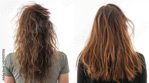 Before and after comparison of messy unhealthy hair and clean healthy hair on white background Issues with hair care seen from back Dry ends and over brushing visible Concept of beauty care photo