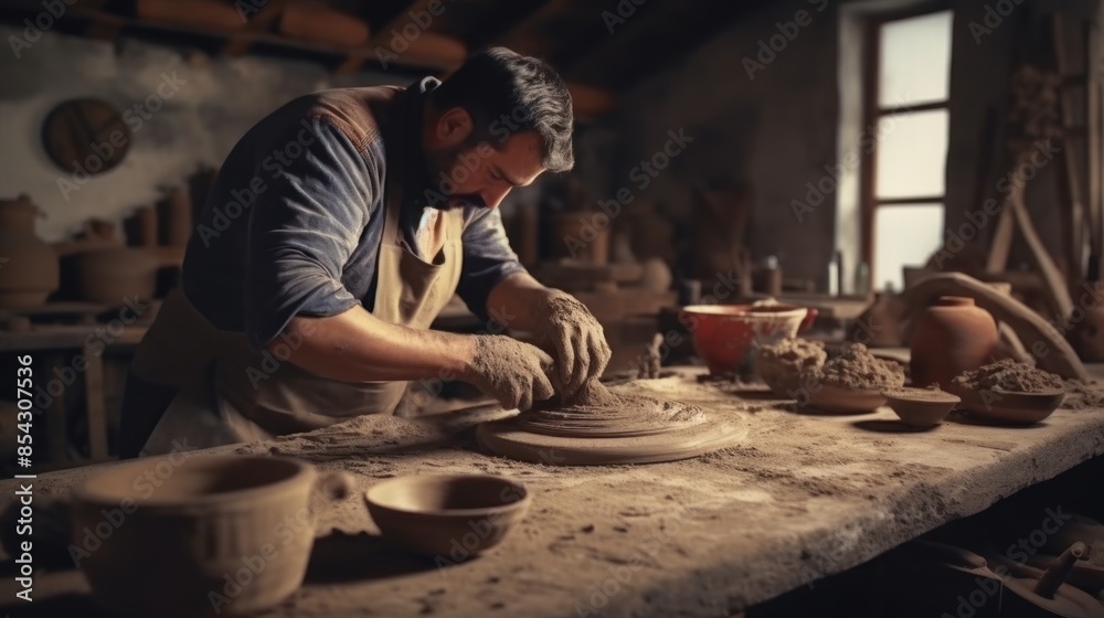 a man working with clay at a potter's wheel, which is in a workshop setting