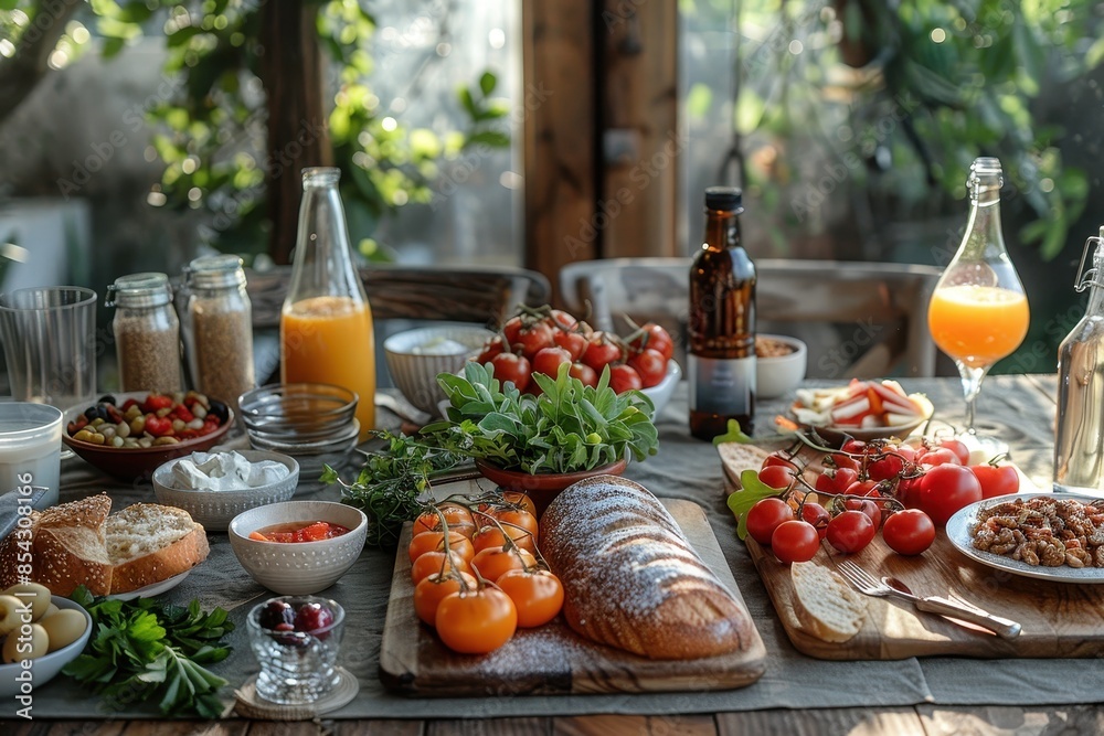 An inviting brunch setup with various foods, drinks, and condiments neatly arranged on a wooden table An inviting brunch setup with various foods, drinks, and condiments neatly arranged on a wooden table