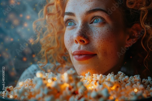 Woman with red curly hair and freckles gazing dreamily beside a popcorn bowl photo