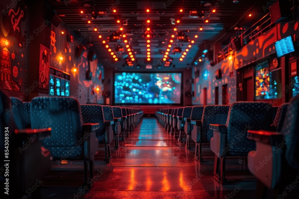 An empty movie theater with vibrant red and blue lighting and comfortable seating An empty movie theater with vibrant red and blue lighting and comfortable seating