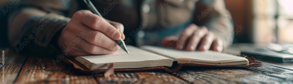 A person jotting down notes in a leather-bound notebook, rustic wooden desk, soft natural light A person jotting down notes in a leather-bound notebook, rustic wooden desk, soft natural light