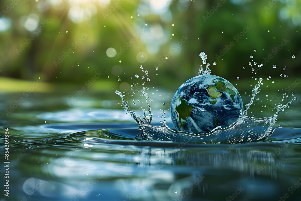 A globe made of water, floating with splashes around it, symbolizing water conservation and global environmental protection. Image representing Earth, globe, ecology, nature, and saving water. A globe made of water, floating with splashes around it, symbolizing water conservation and global environmental protection. Image representing Earth, globe, ecology, nature, and saving water.