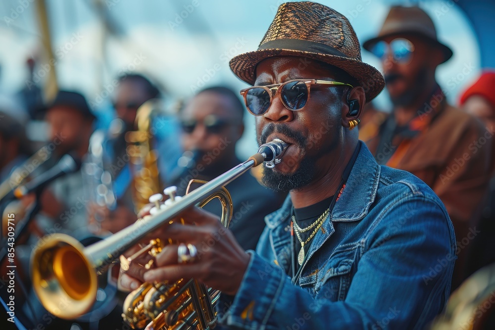 Obraz premium Musician playing saxophone with a band during a live performance, audience in the background
