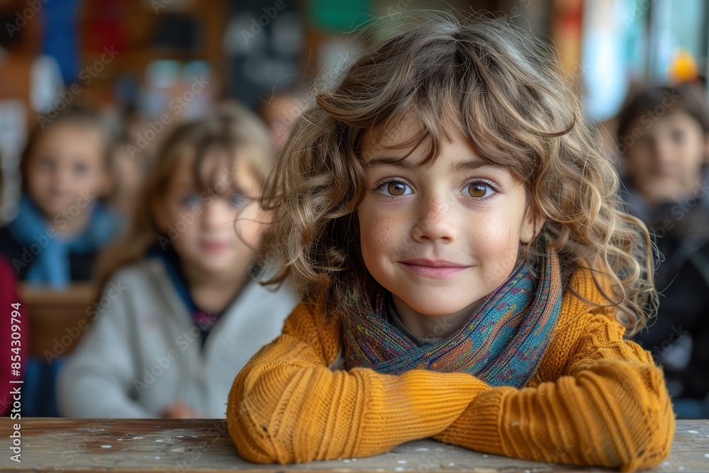 A young child with curly hair smiling at the camera in a room full of other children A young child with curly hair smiling at the camera in a room full of other children