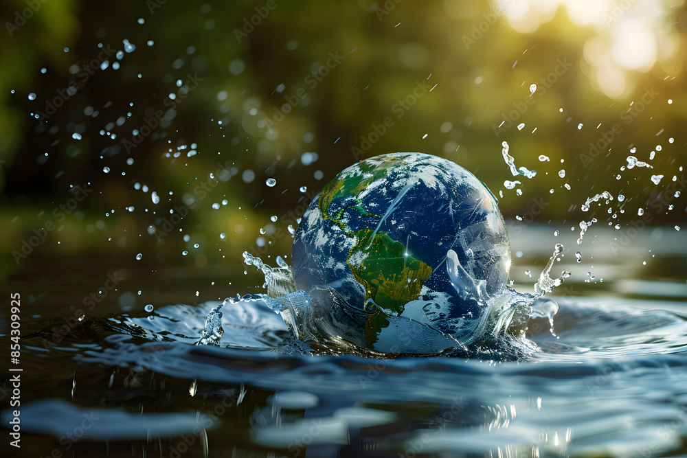 A globe made of water, floating with splashes around it, symbolizing water conservation and global environmental protection. Image representing Earth, globe, ecology, nature, and saving water.