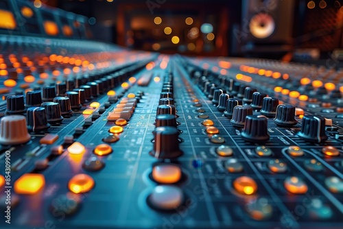 A detailed image featuring a close-up of a sound mixing console with numerous knobs and illuminated buttons © LifeMedia