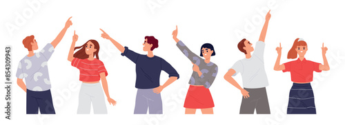 Set of people pointing upward with finger. Happy men and women looking up at something in sky. Dreamy characters in search of goals. Flat vector collection isolated on white background