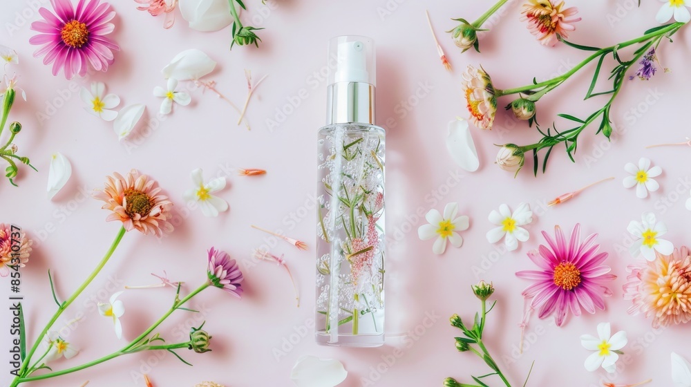 Beauty product in clear plastic bottle with floral frame promoting care and treatment for eyelashes and eyebrows Beauty product in clear plastic bottle with floral frame promoting care and treatment for eyelashes and eyebrows