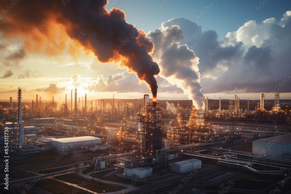 Air pollution smoke from oil refinery with tower and pipeline. Air pollution smoke from oil refinery with tower and pipeline.