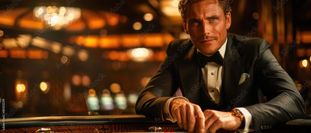 A suave figure, clad in a tailored suit, leans confidently against the roulette table, a winning hand of cards splayed before him. The soft glow of overhead lights bathes the scene A suave figure, clad in a tailored suit, leans confidently against the roulette table, a winning hand of cards splayed before him. The soft glow of overhead lights bathes the scene