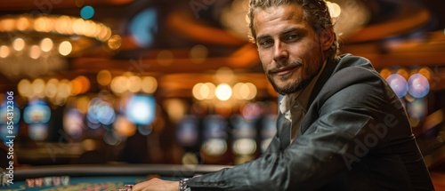A suave figure, clad in a tailored suit, leans confidently against the roulette table, a winning hand of cards splayed before him. The soft glow of overhead lights bathes the scene, 