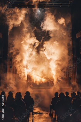 An artistic rendering of students participating in a theater production with smoke from a stage effect machine and a backdrop of a dramatic set