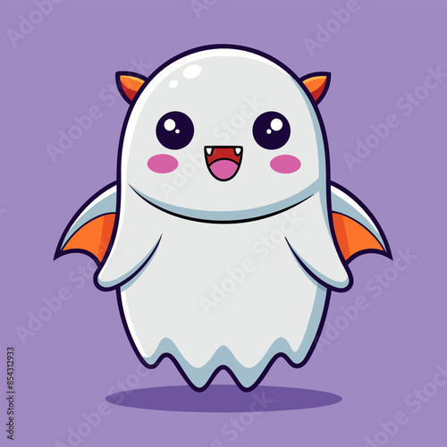  kawaii halloween ghost character. Isolated vector funny spook with friendly eyes, bat wings, fangs and white, smiling form, floats playfully 