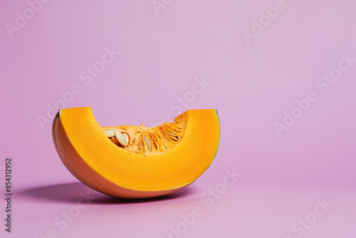 Healthy nutrition concept. Freshly cut slice of organic pumpkin isolated on lavender background. Wallpaper, poster style. Close up. Copy-space. Studio shot photo