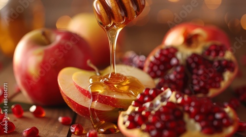 Pouring honey on apple and pomegranate with honey