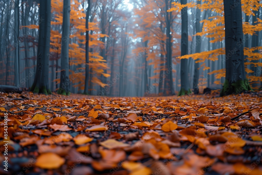 A Misty Forest Path Covered in Fallen Autumn Leaves A Misty Forest Path Covered in Fallen Autumn Leaves