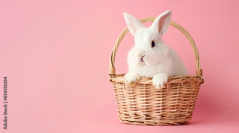 Cute baby rabbit with basket and pink background.