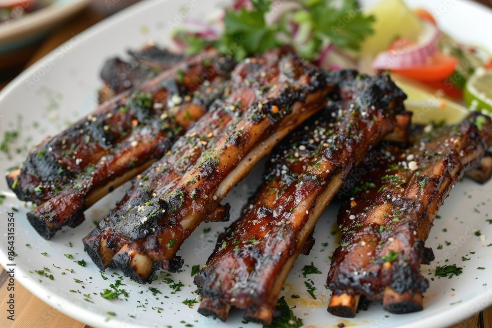 Grilled pork ribs on white plate. Juicy roasted barbecue meat with vegetables Grilled pork ribs on white plate. Juicy roasted barbecue meat with vegetables