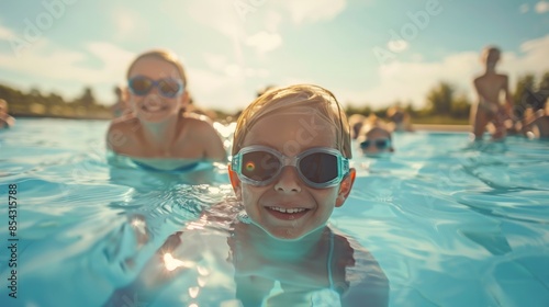 Portrait of smiling childern having fun in swimming pool