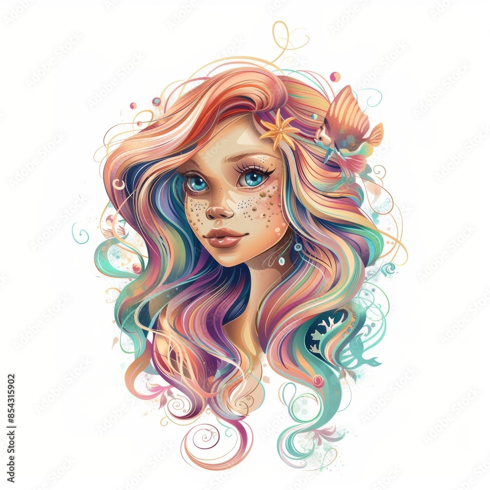 Vector illustration head portrait of a beautiful mermaid. Cartoon character. Vector illustration head portrait of a beautiful mermaid. Cartoon character.