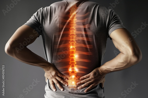 Man pain office syndrome at his back with highlight at backbone and spine.