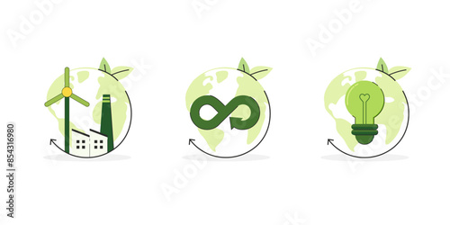 Circular Economy concept. Sustainability Business of ESG concept. Green Energy, Ecology and environment development. Flat Vector illustration.