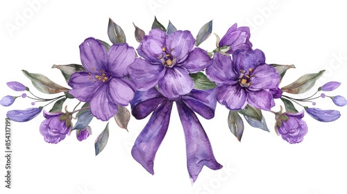 Fototapeta Naklejka Na Ścianę i Meble -  Hand drawn watercolor purple flowers in a floral arrangement with a bow isolated on a white background
