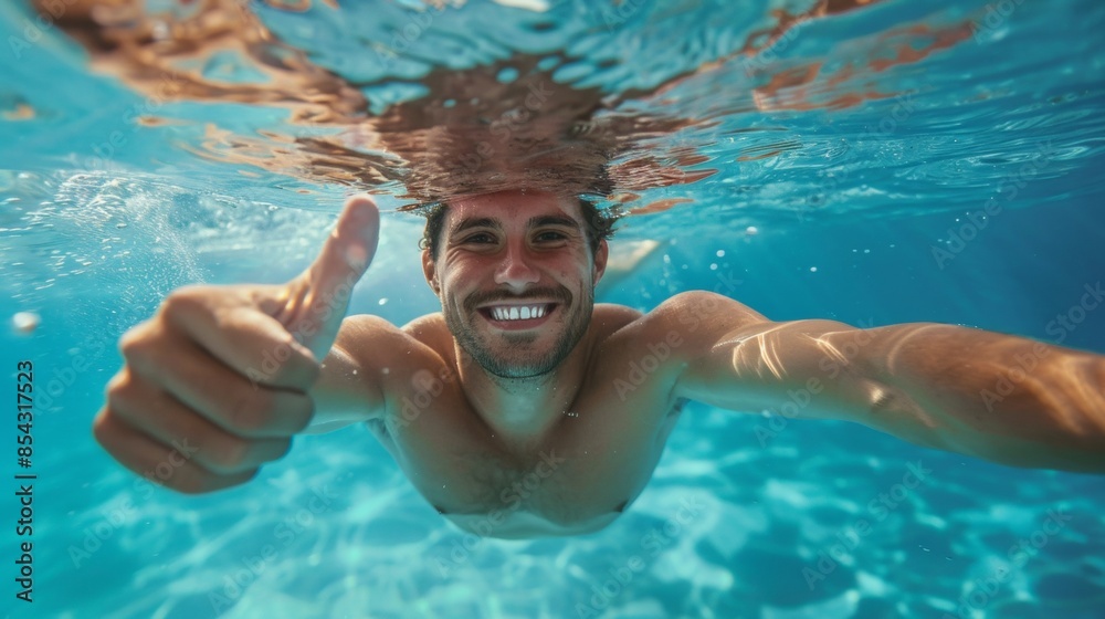 Underwater portrait of happy male with thumbs up gesture in swimming pool.