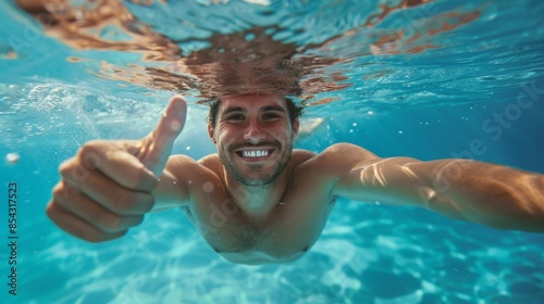 Underwater portrait of happy male with thumbs up gesture in swimming pool. © Joyce