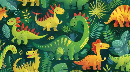A whimsical seamless design featuring playful dinosaurs frolicking on a vibrant green backdrop
