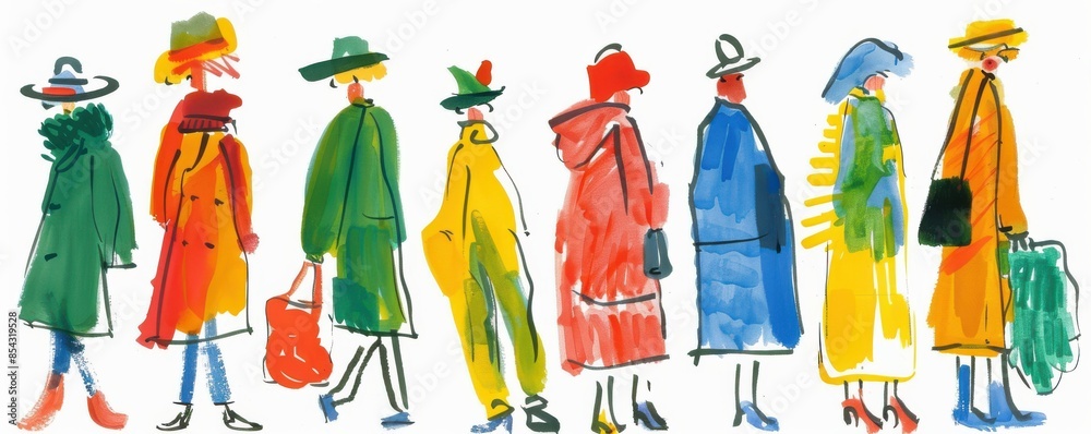 A group of diverse women wearing colorful clothes walk in a line, painted in an abstract style. A group of diverse women wearing colorful clothes walk in a line, painted in an abstract style.