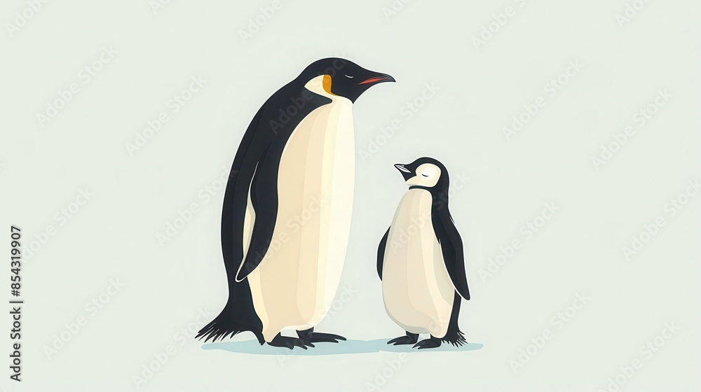 Obraz premium playful penguin parent and chick in minimalist style digital illustration