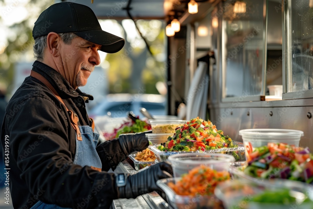 A man is standing in front of a food truck, looking at the food A man is standing in front of a food truck, looking at the food