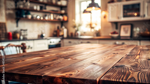 Close-Up Wooden Table with Blurred Interior Background