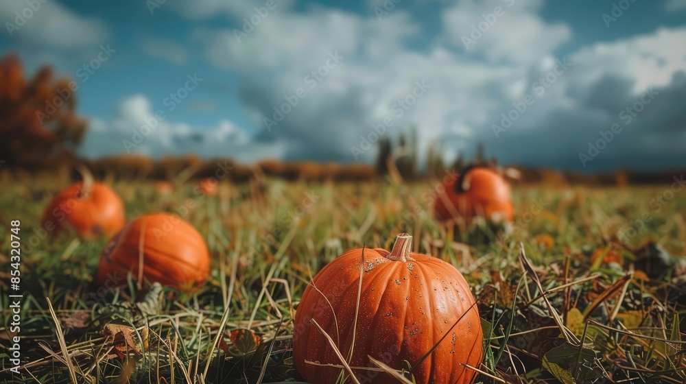 pumpkins in grassy field under autumn sky seasonal landscape photography pumpkins in grassy field under autumn sky seasonal landscape photography