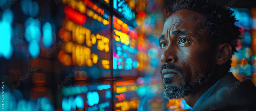 A man is analyzing the data,Stock Market or Sports Analysis Against a Vibrant Background A man is analyzing the data,Stock Market or Sports Analysis Against a Vibrant Background