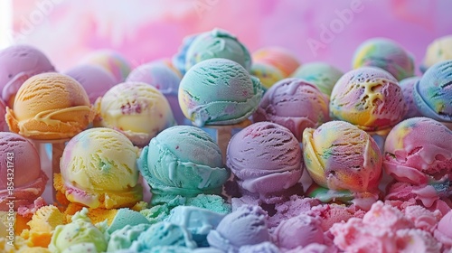 Rainbow of Flavors A mesmerizing assortment of rainbow ice cream scoops, a kaleidoscope of colors and taste, create a visual delight The double exposure with a pastel background adds a touch of whimsi photo