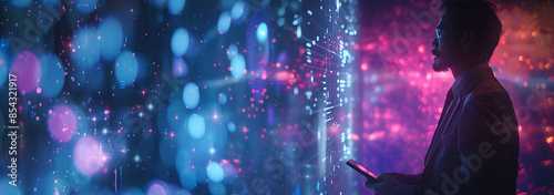 A man is analyzing the data,Stock Market or Sports Analysis Against a Vibrant Background