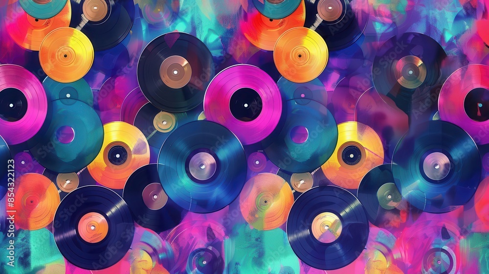 Fototapeta premium retro 70s and 80s inspired abstract record collection with vibrant colors digital painting